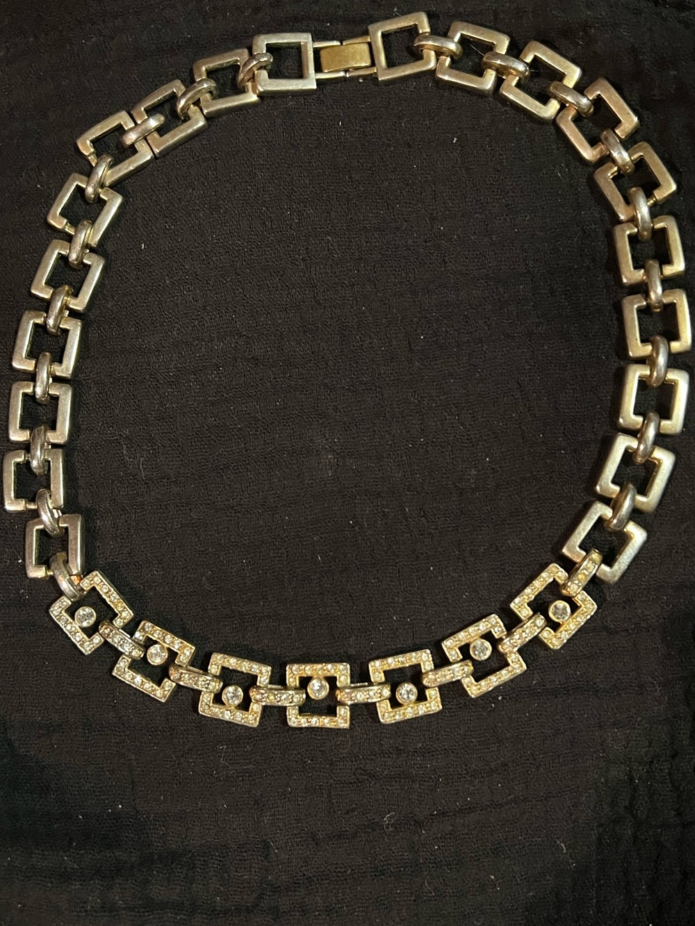 Vintage Silver Tone Geometric Link Necklace with Crystal Accents